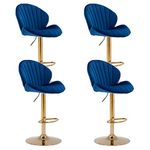 Wahson Velvet Bar Stools Set of 4 Breakfast Bar Chairs with Backrest, Adjustable Swivel Counter Chairs High Stools for Kitchen Island/Home Bar, Blue