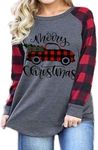 Plus Size Baby Its Cold Outside Christmas T Shirt Women Long Sleeve Plaid Splicing Tops Blouse