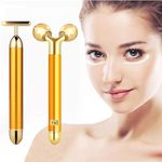 Ricuza 24k Face Massager Shark Tank for Glowing Skin | Anti Wrinkles Electric Golden 3d Facial Roller & T-Shape Vibration Beauty Massage Combo Kit for Skin Care Device,Face Slimming Tool,Forhead,Cheek,Neck (Golden)