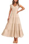 PRETTYGARDEN Women's Summer Flowy Maxi Dress Casual Cap Sleeve V Neck Smocked Beach Sundress (Solid Beige,Large)