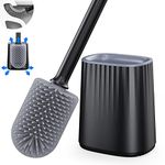 Toilet Brush, Silicone Toilet Brush with Holder Set, Dead Corner Deep Cleaning Loo Brush & Quick Drying Holder & Wall Mounted Flexible Long Handled Toilet Brushes for Bathroom