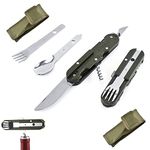 5-in-1 Outdoor Camping Cutlery Set, Folding Cutlery, Outdoor Cutlery Made of Stainless Steel, Multifunctional Survival Travel Cutlery, with Oxford Bag, Knife, Fork, Spoon, Bottle Opener Set