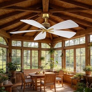 56 Inch Gold Ceiling Fan No Light with Remote Control, DC Motor Outdoor Ceiling Fans for Patios Bedroom Living Room, Modern White Coastal Tropical Ceiling Fan with 5 Reversible ABS Shell Blades, ETL