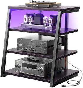 armocity 4-Tier AV Media Stand with Power Strips, Corner TV Stand with LED Lights, Rack Audio Tower with Adjustable Shelves, Corner Entertainment Center, 30'', Black Ebony