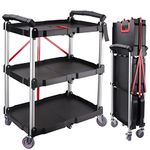 EBANKU Folding Collapsible Service Cart, Heavy Duty 3-Shelf Rolling Tool Cart, Supports Up to 150 lbs for Warehouse Storage, Garage, Cleaning