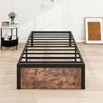 VERFARM Twin Size Bed Frames with Vintage Wood Footboard, Heavy Duty Metal Platform Bed Frame Twin, Mattress Foundation with Steel Slat Support, No Box Spring Needed, Easy Assembly, Rustic Brown