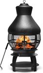 COSTWAY Outdoor Chiminea, Garden Fire Pit Stove with Charcoal Grills, Fire Poker, Lattice Door and Mesh Cover, 50x50x110cm Steel Patio Heater Log Burner