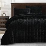 Chezmoi Collection Piers Black Velvet Quilt Queen Set, 3-Piece Lush Plush Distressed Velvet Bedding All Season Lightweight Comforter - Brushed Microfiber Reverse with Double Square Stitch