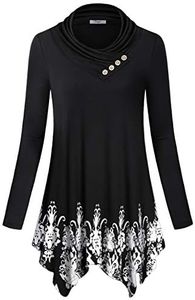 Cestyle Floral Shirts for Women, Ladies Floral Printed Tunic Top for Leggings Elegant Soft Irregular Drapey Casual Winter Long Sleeve Button Cowl Neck Sweatshirt Black Flower L