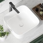 KINGWONG 15 Inch Square and Round Corners Bathroom sink Rectangular Vessel Sink Countertop Sink White Porcelain Vessel Sink without Overflow Hole 15 x 15 in(385x385mm)