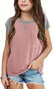 Imily Bela Girls Summer T Shirts Casual Cap Sleeve Crewneck Raglan Tops with Pocket Pink