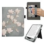 kwmobile Case Compatible with Amazon Kindle Paperwhite (2024)/Colorsoft - Case PU Leather Cover with Magnet Closure, Stand, Strap, Card Slot - Magnolias Taupe/White/Blue Grey