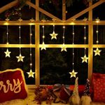 Quntis Christmas Window Lights, 76Leds 9 Star Curtain Lights Battery Operated with Timer and 8 Modes, IP65 Waterproof Star Lights String for Diwali Christmas Decorations Outdoor Indoor, Warm White