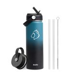 Insulated Water Bottle, BUZIO Stainless Steel Water Bottle with Straw 650 ml Double Walled Wide Mouth Sports Drink Flask with BPA Free Straw Lid and Flex Cap Cold for 48 Hrs, Indigo Black