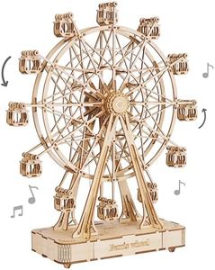 Rolife 3D Wooden Puzzle Hand Crank Music Box Machinarium Toys-DIY Wood Craft Kit-Creative Gift for Boys Girls Adults Kids When Christmas/Birthday (Ferris Wheel Wood Color)
