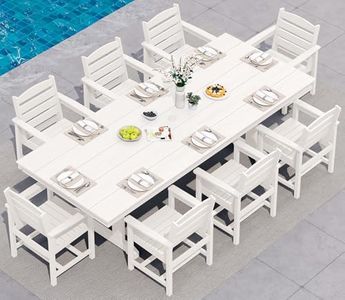 SERWALL 9 Piece Outdoor Dining Set, 84" HDPE Outdoor Table and Chairs for 8，All Weather Patio Furniture Set with Umbrella Hole for Backyard, Garden, White