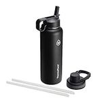 ThermoFlask Double Wall Vacuum Insulated Stainless Steel Water Bottle with Two Lids, 1.2 Liter / 40 Ounce, Black