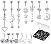 14 PCS Belly Button Rings for Women Girls, 14G Long Dangle Navel Ring Screw Bar Design Body Piercing Jewelry Belly Rings Gifts