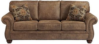 Signature Design by Ashley Larkinhurst Faux Leather Sofa with Nailhead Trim and 2 Accent Pillows, Brown