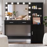 MIRROTOWEL 46.7" Vanity Desk with Mirror & LED Lights, Dressing Table with 2 Large Drawers & Vertical Organizer, 3-Tier Storage, 3 Adjustable Lighting Modes, Makeup Desk for Bedroom