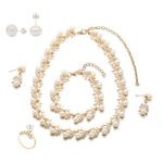 la luen Pearl Bride Wedding Jewelry Set Faux Pearls Crystal Rhinestone Necklace Dangle Earrings Adjustable Bracelet Adjustable Rings Pearls Ear Stud Sets For Women Bridesmaid Wedding Parties Dates Everyday Wear (Golden)