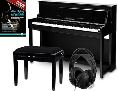Classic Cantabile UP-1 Upright E-Piano - 88 gewichtete Tasten mit Graded Hammer Tastatur, Ivory Touch, 256 Polyphonie, 40 Sounds, OLED Display, USB MP3 Recorder (Schwarz Hochglanz, Piano mit Zubehör)