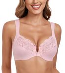 Lemorosy Wide Strap Front Closure Bra Lace Full Figure Underwire(Pink Wide Strap,38C)