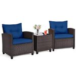 ORALNER 3 Pieces Wicker Patio Furniture Set, Outdoor Conversation Set Rattan Chairs with Soft Cushions, Glass Coffee Table, Bistro Set for Front Porch Balcony Garden Deck Poolside (Navy Blue)