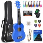 Ukulele for Beginners Hawaiian Wood Soprano Ukelele Starter Kit for Kids Adult Student Ukalelee Uke Bundle Pack with Free Lessons Gig Bag Tuner Strap Picks Nylon Strings (Navy Blue, 21 Inch)