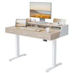 FEZIBO Electric Standing Desk with 3 Drawers&Monitor Shelves, 48 x 26 Inches Splice Board Sit Stand Up Home Office Desks, White Frame/Light Walnut Brown Top