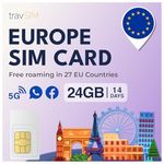 travSIM Europe SIM Card with 24GB of Data (4G/5G speeds) | Valid for 14 Days | Data Only SIM Card | Use VOIP apps Like Skype and Whatsapp for Calls | Use SIM for Europe in All EU Countries