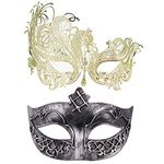 Thmyo Set of 2 Masquerade Mask for Couples, Venetian Mardi Gras Costume Ball Mask (Antique Silver & gold)