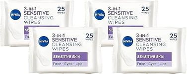 NIVEA 3in1 Sensitive Cleansing Wipes (25 Wipes), Plant-Based Makeup Remover Wipes, Face Wipes for Sensitive Skin, Gentle yet Effective Makeup Removal (Pack of 4)