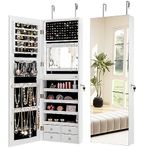 RELAX4LIFE LED Lights Jewellery Cabinet, 2 IN 1 Door Hanging/Wall Mounted Jewelry Organiser with Full Length Mirror, Lockable Dressing Cosmetics Organizer Unit for Bedroom Dressing Room (White)