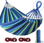 Single Camping Hammock, Durable Canvas Fabric with Two Anti Roll Balance Beam and Sturdy Metal Knot Tree Straps for Backpacking, Travel, Beach, Backyard etc. (Blue)