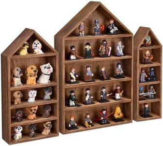 Ikee Design 3 Pcs Set House-Shaped Shelf Wooden Shadow Cubby Box Display Shelf Organizer Storage Display Shadow Box for Mini Figures,15 Compartments, Brown Color