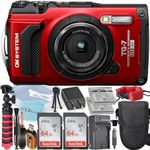 Olympus OM System Tough TG-7 Digital Camera (Red) + 2 Pack 64GB Memory Card + Extra Battery + ZeeTech Accessory Bundle (Professional Kit)