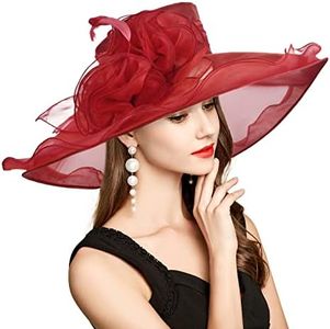 Derby Hats for Women Ladies Girls, Church Hat Organza Tea Party Wedding Kentucky Fascinator UV Protection Sun Hat Wine Red