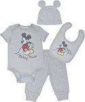 Disney Mickey Mouse Baby Boys 4 Piece Outfit Set: Bodysuit Pants Bib Hat White/Gray 0-3 Months