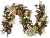 Christmas Garland with Lights, 6 FT Coffee Brown Pre-Lit Christmas Garland with 20 LED Ball Ornaments Pine Cones and Ribbon Bows for Fireplace Mantle Stair Railing Indoor Outdoor Christmas Decoration