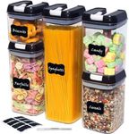 QUATEE Air-Tight Food Container Sets of 5, Kitchen Storage and Pantry Organizers Containers Clear Plastic with Leak-Proof BlackLid, Maker and Stickers…