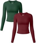 OQQ Womens 2 Piece Shirts Long Sleeve Crew Neck Ruched Stretch Basic Fitted Tee Shirts Tops DarkGreen WineRed