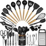Kitchen Utensils Set- 34PCS Silicone Cooking Utensils with Holder, Umite Chef Heat Resistant Kitchen Utensil Spatula Set for Nonstick Cookware, Black Wooden Handles Kitchen Gadgets Tools Set