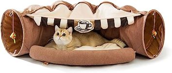 House Of Pets 2 in 1 Cat Bed+ Cat Tunnel for Indoor Cats, Cat Tunnel with Collapsible Washable Cat Home for Small Medium and Large Cats. (Coffee)