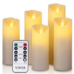 LED candles,5.5"/6"/6.5"/7"/8"Set of 5 Real Wax Battery Flameless Candles Include Realistic Dancing LED Flames and 10-key Remote Control with 2/4/6/8-hours Timer Function,300+ Hours-YIWER (5x1,Ivory)