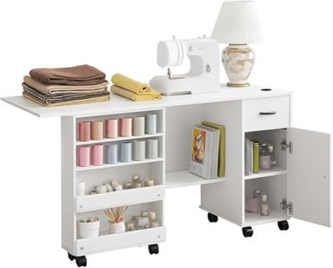 Folding Sewing Machine Table with Storage Shelves and Sliding Drawer, Rolling Side Desk for Sewing Machine, Craft Station with Lockable Wheels for Home, Bedroom, Small Spaces, White