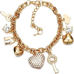 SILANER Gold Chain Link Bracelet - 7"+ 2" Extender 14K Gold Plated Love Locked Bracelets for Women and Girls, with Crystal, Love Heart ,Key, Lock, Charm Bracelet . (Love Locked Gold Charm)
