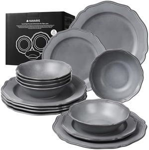 Navaris Scandi Style Porcelain Dinnerware Set - Ceramic Crockery Sets for 6 - Stackable Dishes with Dinner and Salad Plates Cereal Bowls - Dishwasher & Microwave Safe - 18pcs Grey