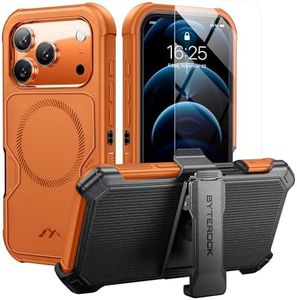 ByteRock for iPhone 17 Pro Case 6.3" with Belt Clip Holster,Anti-Drop,Shockproof,Heavy Duty Protection,Compatible with MagSafe,w/Screen Protector,with 361°Rotating Kickstand，Cosmic Orange