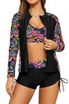 SHEKINI Women 3 Piece Rash Guard Sets Long Sleeve Zipper Swim Shirt Printed Bikini Top Side Drawstring Boyshorts Surfing Training Swimsuit, Black+Colorful Leaf, Medium